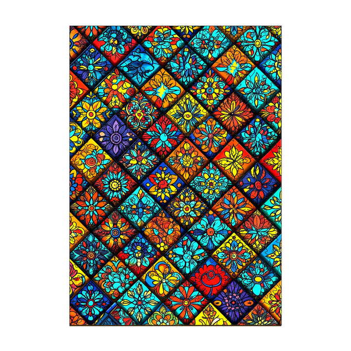 Colorful Mandala Kaleidoscope-1 wooden jigsaw puzzle featuring intricate floral designs in vibrant hues.