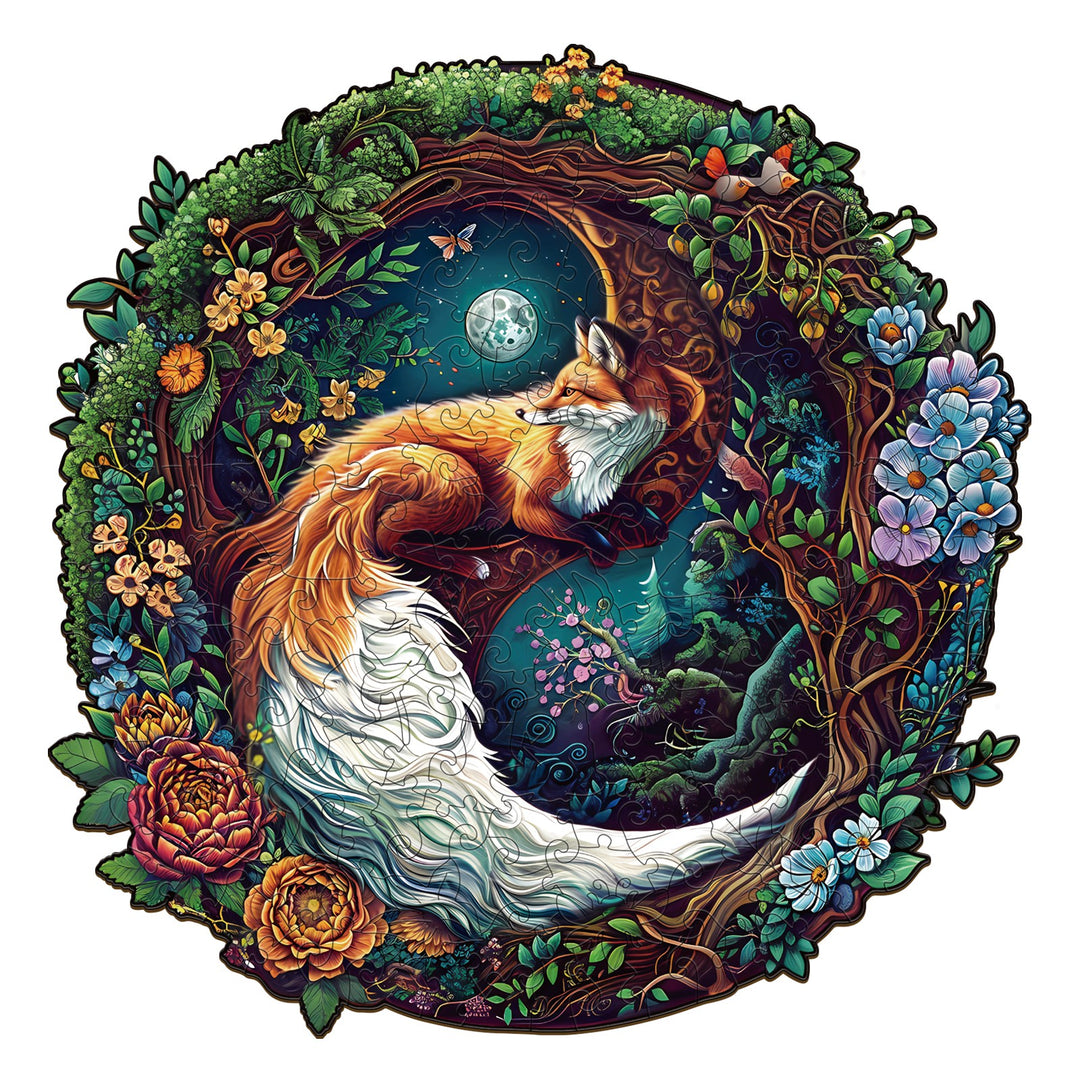 Yin Yang Fox-2 Wooden Jigsaw Puzzle featuring a vibrant fox surrounded by floral elements, ideal for enhancing focus and intelligence.