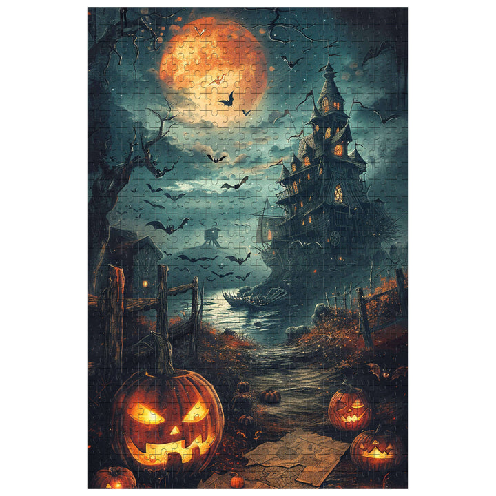 Halloween Treasure Hunt puzzle featuring a spooky haunted house, bats, and glowing pumpkins in a dark setting.
