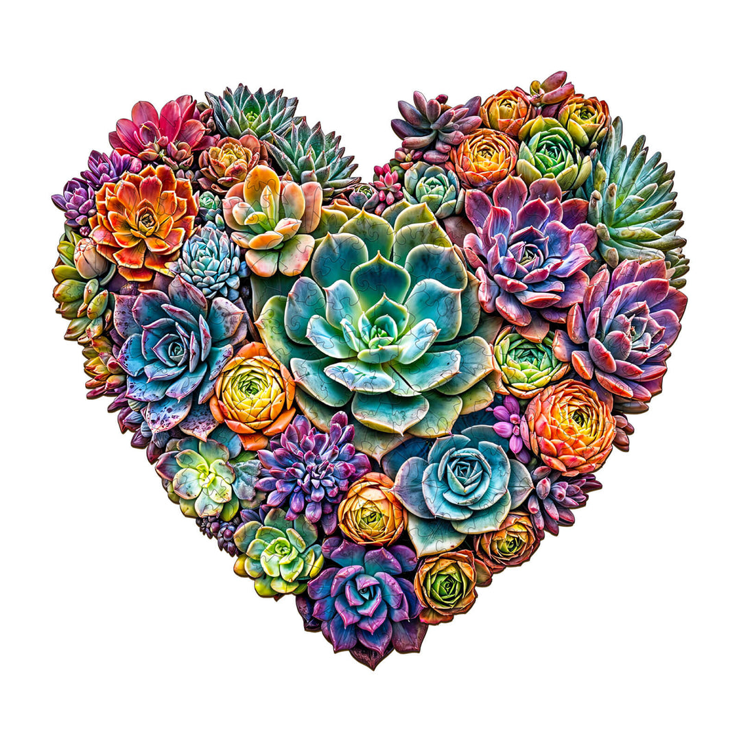 Colorful heart-shaped arrangement of vibrant succulents for the Heartfelt Succulents wooden jigsaw puzzle.
