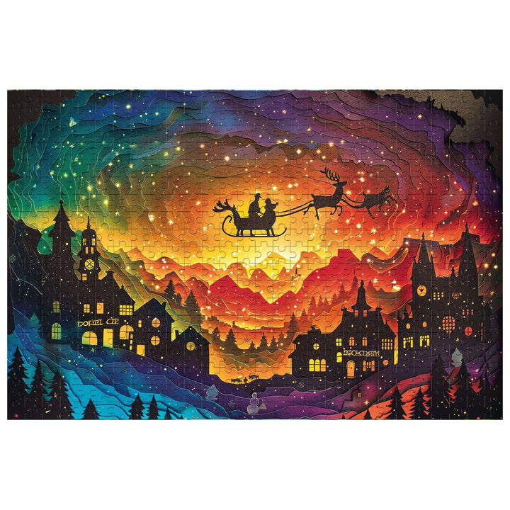 Colorful Christmas Eve puzzle featuring a sleigh and reindeer flying over a snowy village at night.