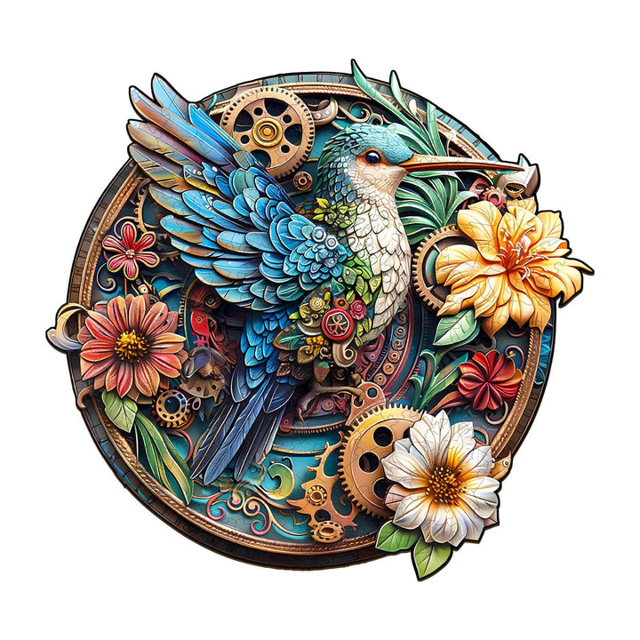 Graceful hummingbird-1 wooden jigsaw puzzle featuring vibrant colors and floral designs for focused mind games.