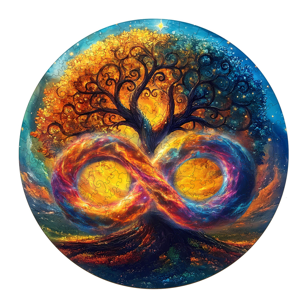 The Infinite Tree of Life-1 wooden jigsaw puzzle featuring vibrant colors and an infinity symbol for cognitive engagement.