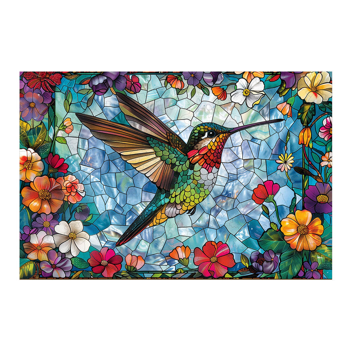 Stained Glass Hummingbird-4 wooden jigsaw puzzle featuring vibrant colors and floral designs, perfect for puzzle enthusiasts.