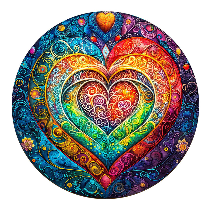 Colorful mandala heart wooden jigsaw puzzle design, ideal for enhancing focus and brain skills during play.