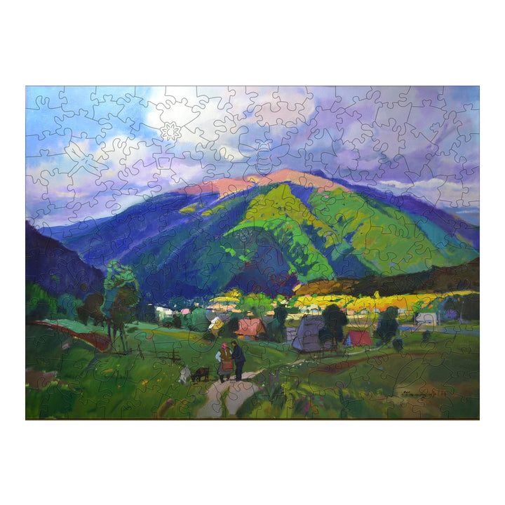 Colorful landscape puzzle featuring a scenic mountain view and people walking by in nature.