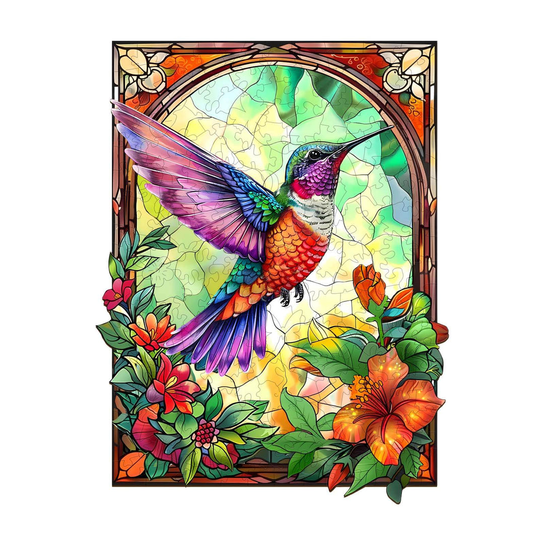 Stained Glass Hummingbird-3 wooden jigsaw puzzle featuring vibrant colors and floral designs for mind game enthusiasts.