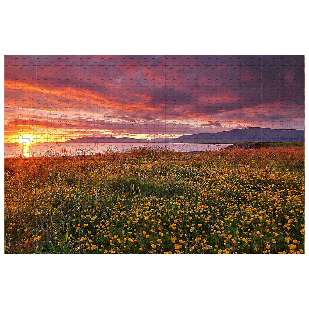 Lakeside Sunset 500/1000 Piece Puzzle image featuring vibrant sunset over a field of yellow flowers, perfect for puzzle enthusiasts.