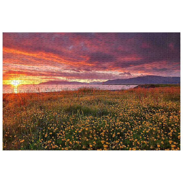 Lakeside Sunset 500/1000 Piece Puzzle image featuring vibrant sunset over a field of yellow flowers, perfect for puzzle enthusiasts.