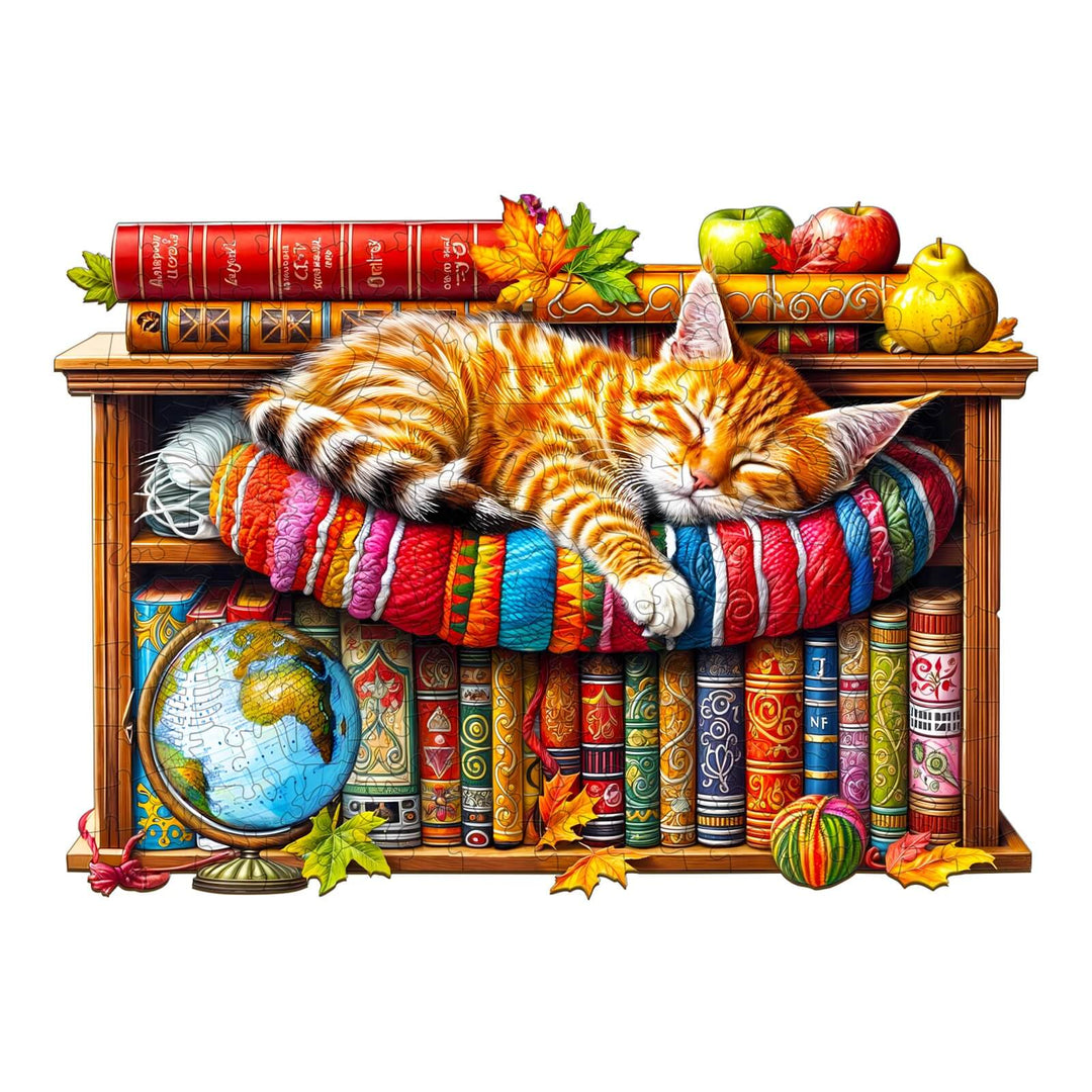 Dreamy Tabby Cat-1 wooden jigsaw puzzle featuring a cozy tabby cat on a colorful bookshelf.