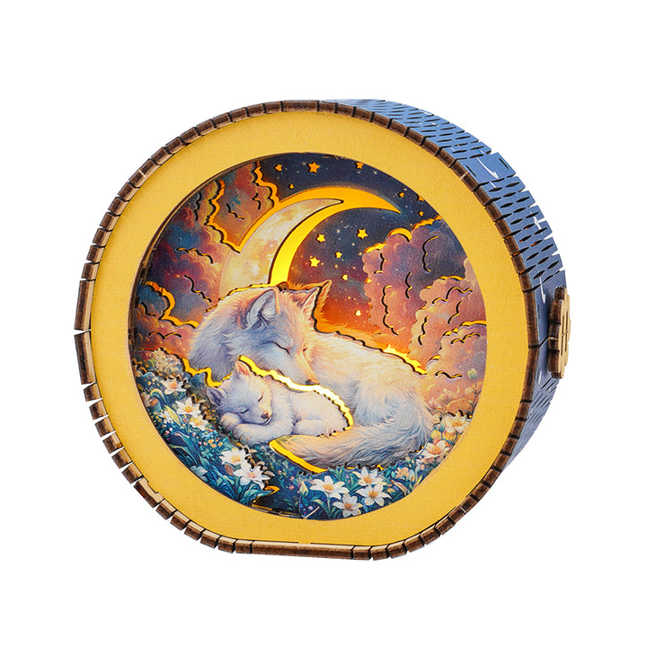 Golden Moon Dream Kit 3D wooden night light featuring a serene wolf scene with moon and flowers.