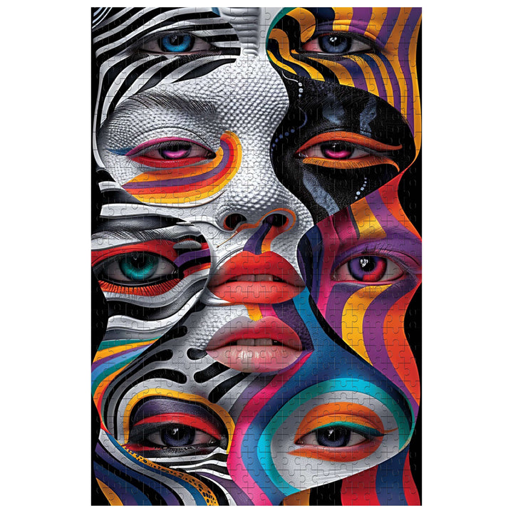 Colorful psychedelic puzzle featuring abstract faces with vibrant stripes and piercing eyes.