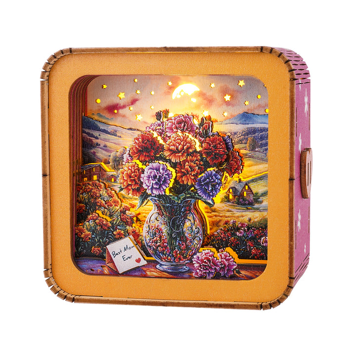 3D wooden puzzle night light featuring a vibrant bouquet of carnations in a decorative vase.
