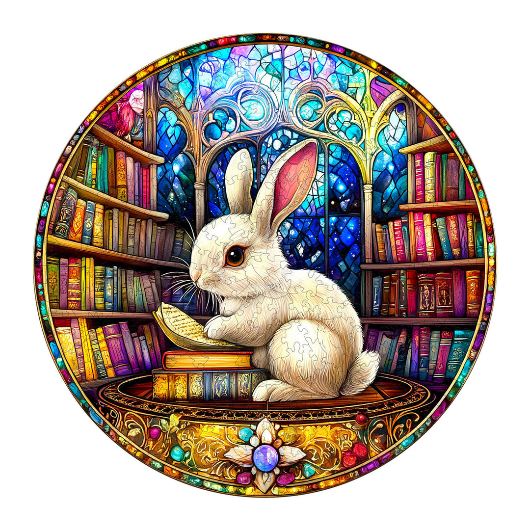 Colorful Library Rabbit wooden jigsaw puzzle featuring a cute rabbit in a vibrant library setting.