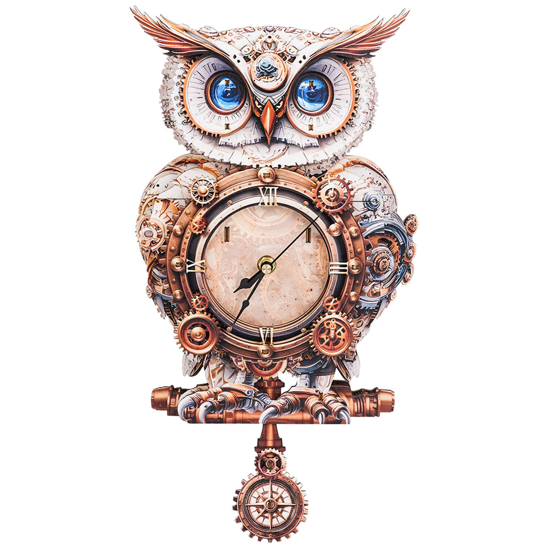 Mechanical owl clock with intricate gear design, showcasing a vintage, steampunk-inspired wooden clock.