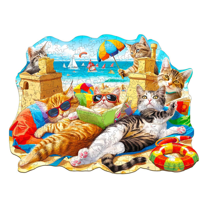 Colorful Beach Cat Wooden Jigsaw Puzzle, featuring cats in sunglasses enjoying a fun beach day.