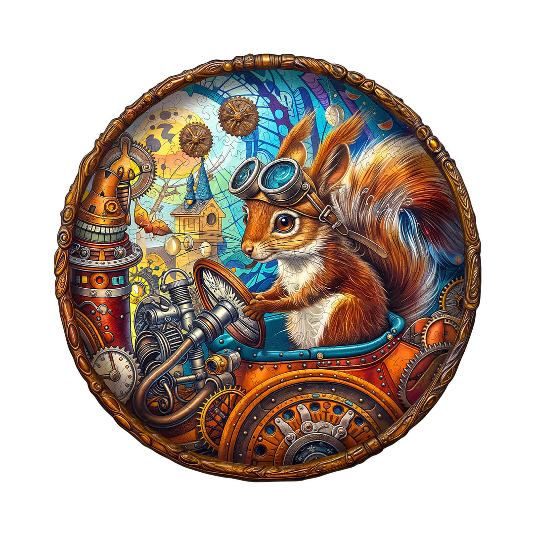 Happy squirrel wooden jigsaw puzzle featuring a charming squirrel in goggles, solving puzzles for fun and focus.