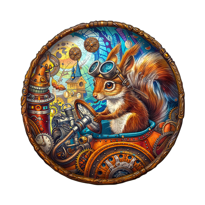 Happy squirrel wooden jigsaw puzzle featuring a charming squirrel in goggles, solving puzzles for fun and focus.