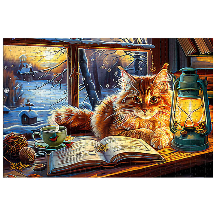 Cozy winter scene jigsaw puzzle featuring a cat by a lantern, a book, and a cup, perfect for puzzle enthusiasts.