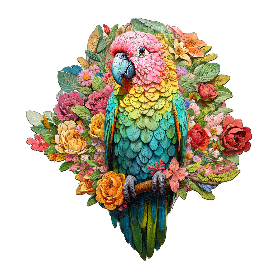 Colorful parrot wooden jigsaw puzzle featuring vibrant flowers, perfect for skill-building and focus.