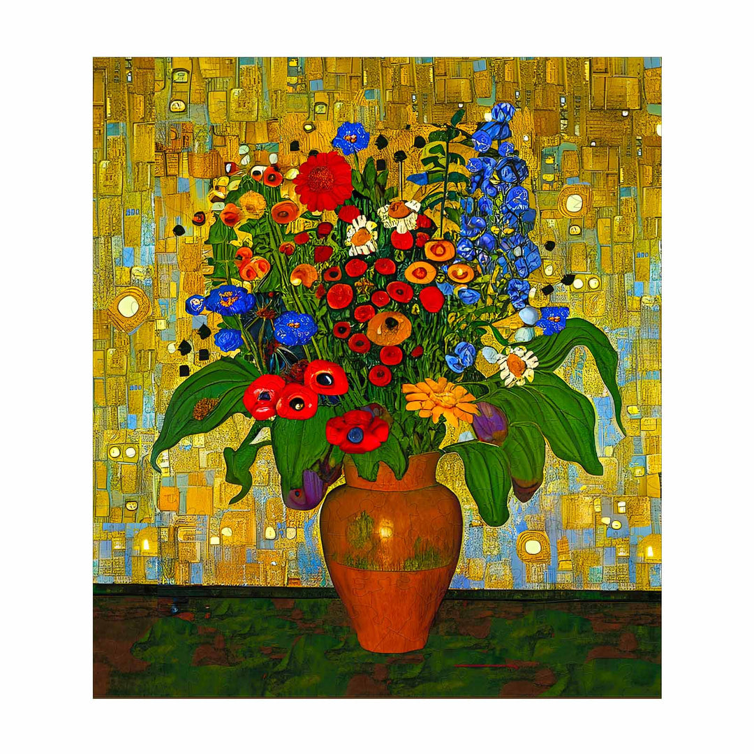 Vase with colorful delphiniums and other flowers by artist Nicholas John VARDAXIS, showcasing vibrant artistic inspiration.