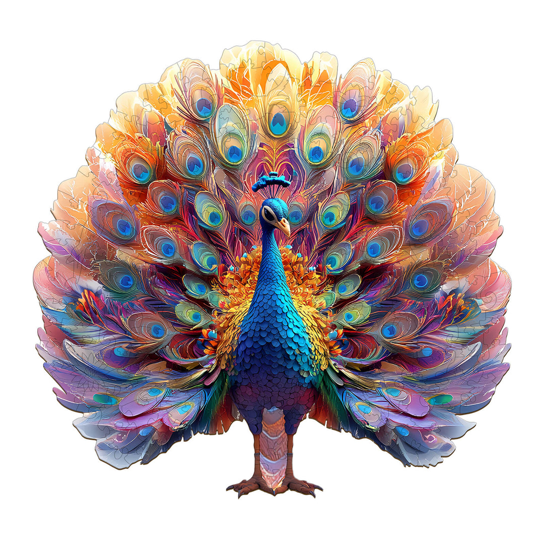 Vibrant peacock wooden jigsaw puzzle featuring colorful, intricate feathers for mind games and focus.