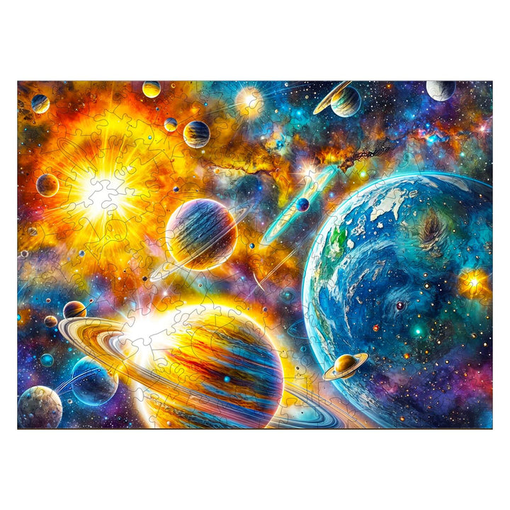 Cosmic Reverie-1 Wooden Jigsaw Puzzle showcasing vibrant planets and galaxies for focused mind games.