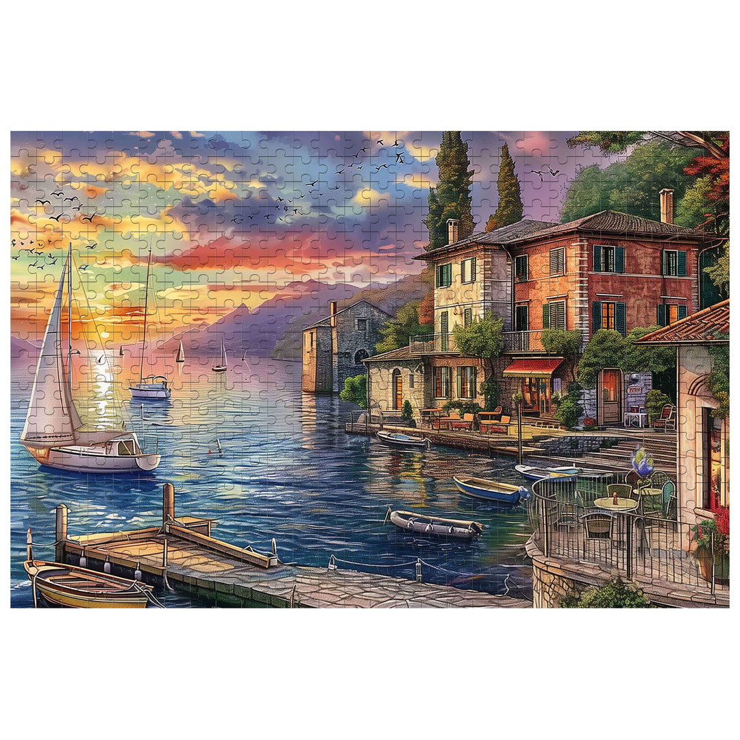 Golden Twilight Haven 500/1000 piece puzzle showcasing a serene lakeside scene at sunset with boats and charming houses.