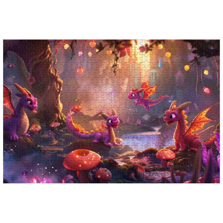 Dragon Paradise 500/1000 piece puzzle featuring colorful dragons in a whimsical forest setting.