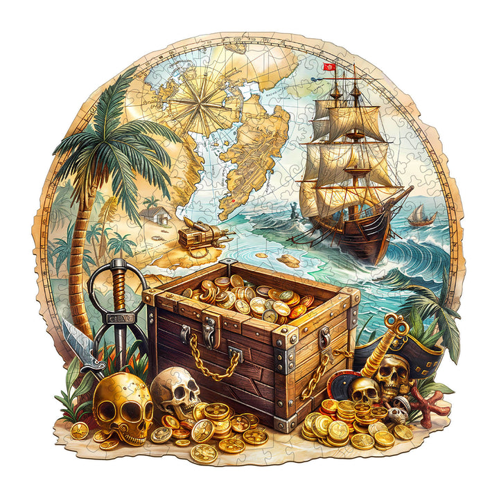 Golden Voyage wooden jigsaw puzzle featuring treasure chest, ship, and tropical scenery for mind games and focus.