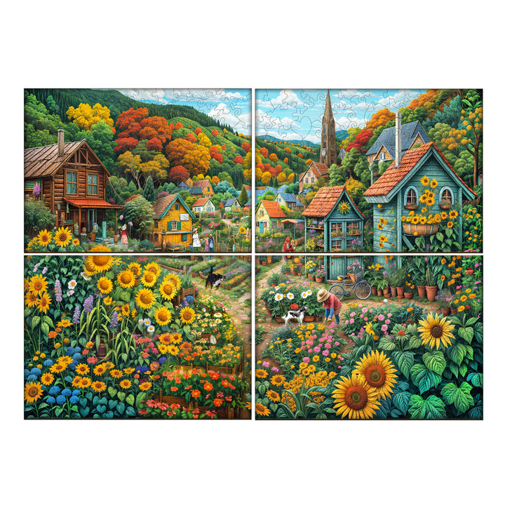 Colorful sunny fields jigsaw puzzle featuring a vibrant village scene with flowers and autumn foliage.