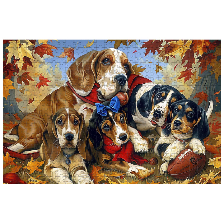 Basset Hound Family jigsaw puzzle featuring playful dogs among autumn leaves and a football, perfect for puzzle enthusiasts.