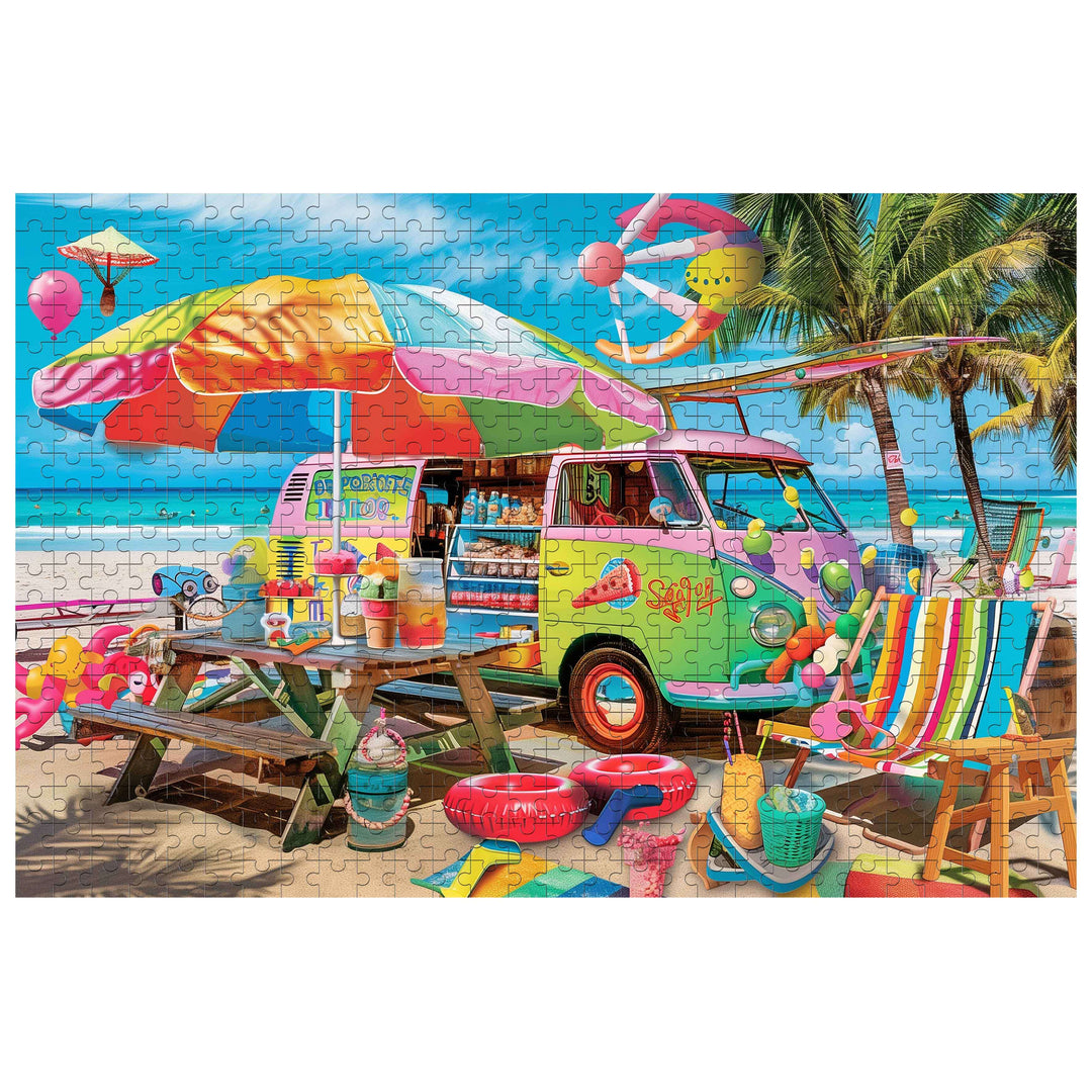 Colorful beach food truck puzzle with vibrant drinks and beach gear, perfect for mind games and fun exploration.