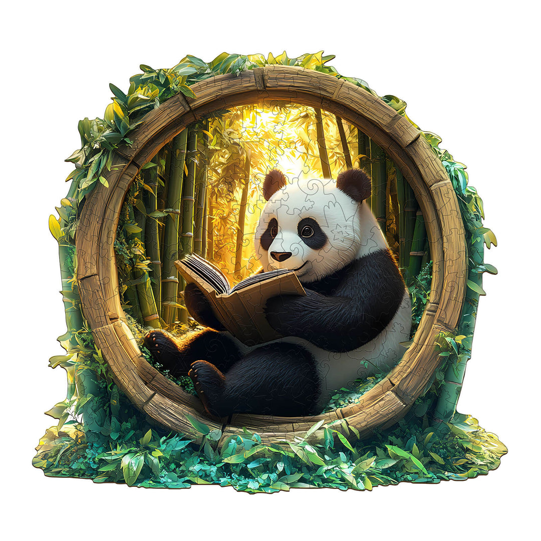 3D Bamboo Grove Scholar Panda wooden jigsaw puzzle featuring a panda reading in a bamboo forest.