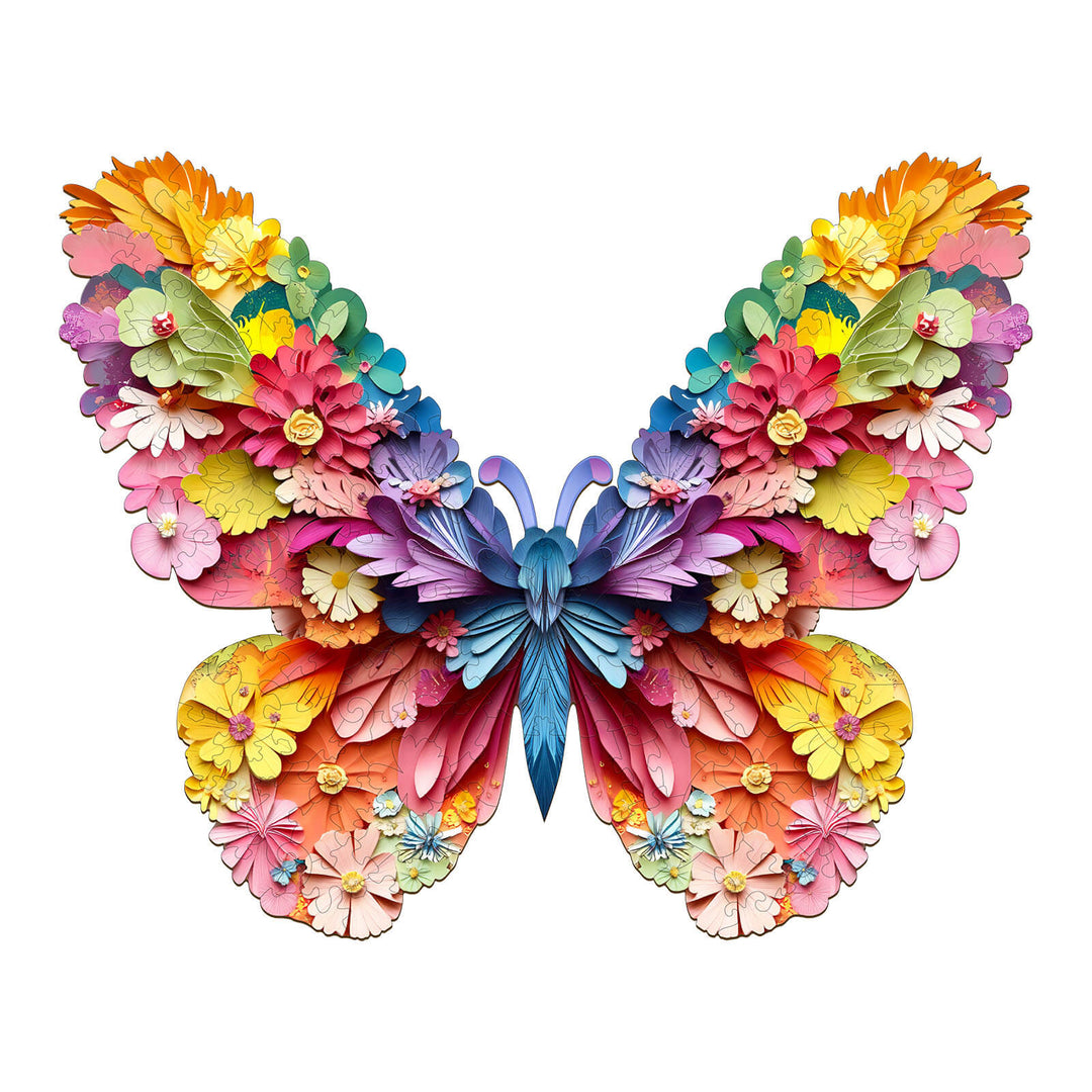 Vibrant 3D colorful butterfly design made of intricate wooden flowers and details, perfect for a jigsaw puzzle.
