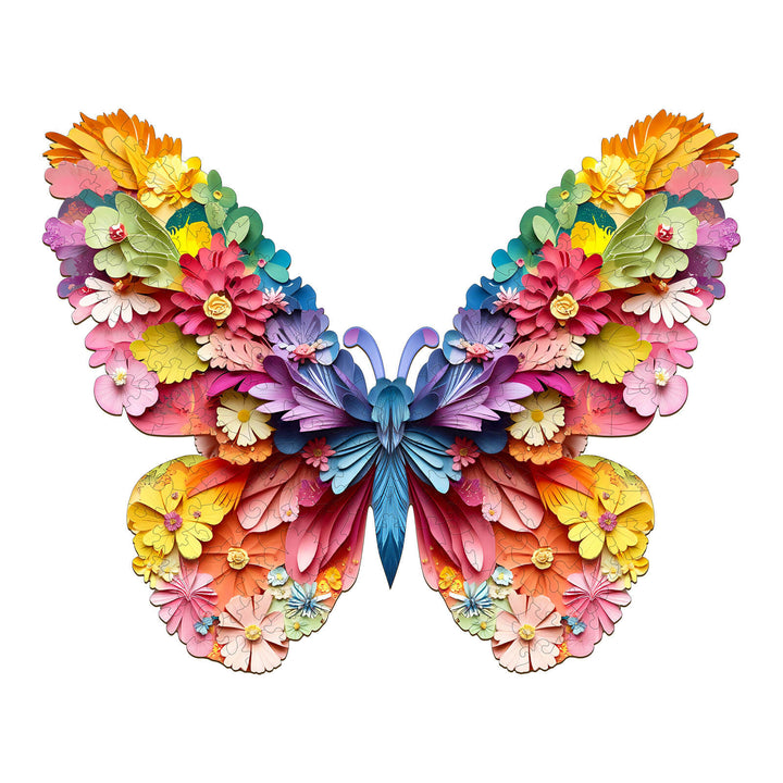Vibrant 3D colorful butterfly design made of intricate wooden flowers and details, perfect for a jigsaw puzzle.