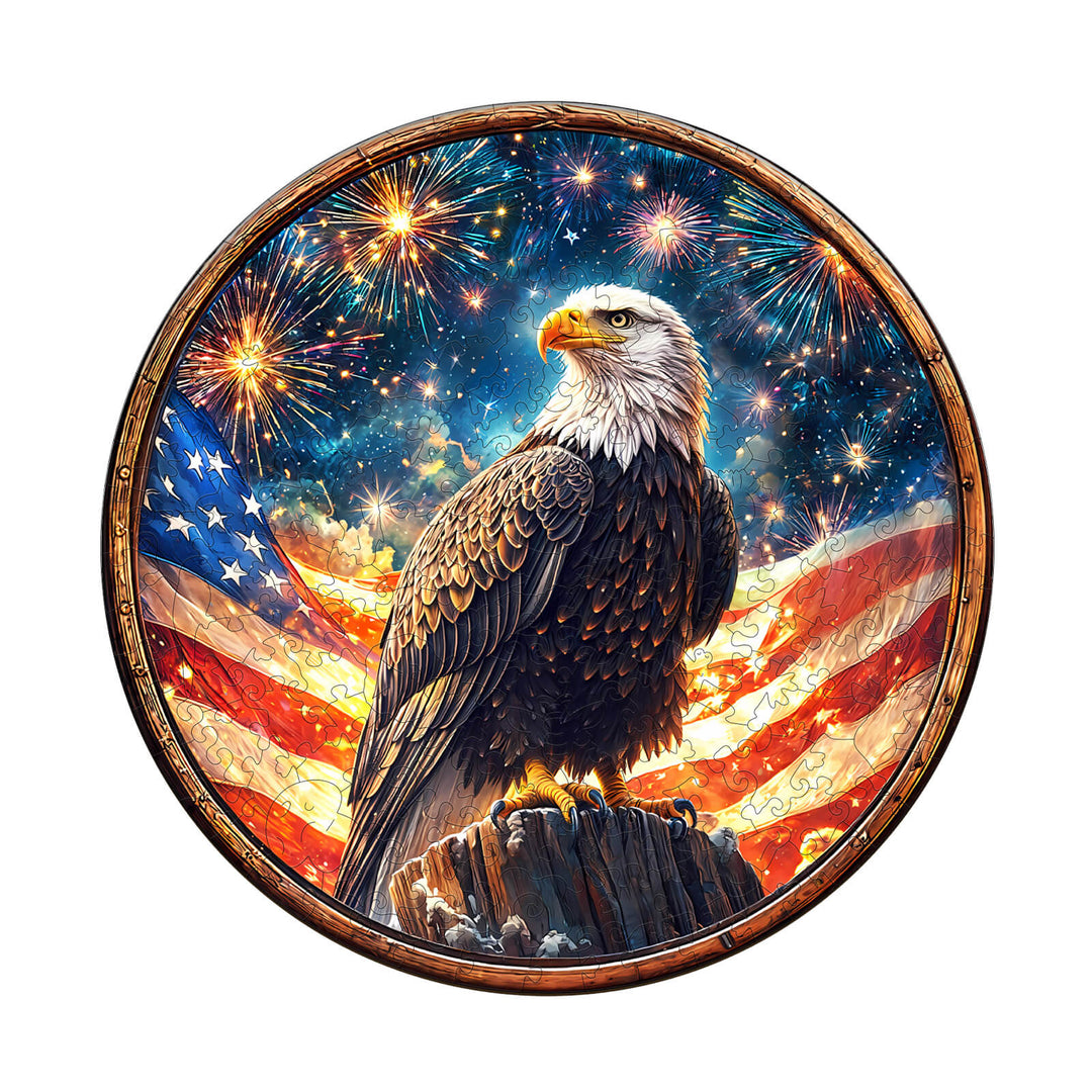 Spirit of Liberty wooden jigsaw puzzle featuring a majestic eagle with American flags and fireworks.