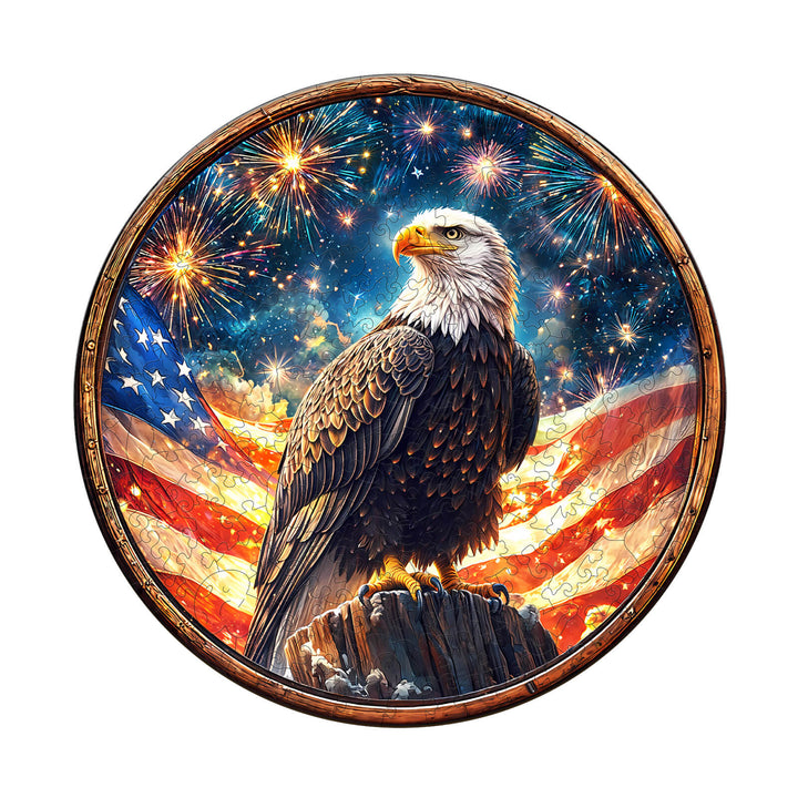 Spirit of Liberty wooden jigsaw puzzle featuring a majestic eagle with American flags and fireworks.