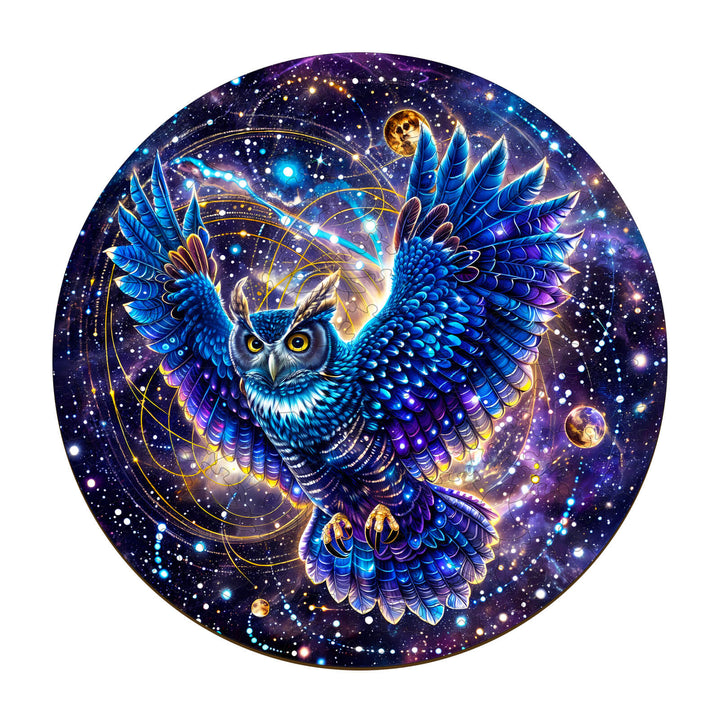 Galaxy Owl-1 wooden jigsaw puzzle featuring a colorful, cosmic owl in a starry background for mind games.