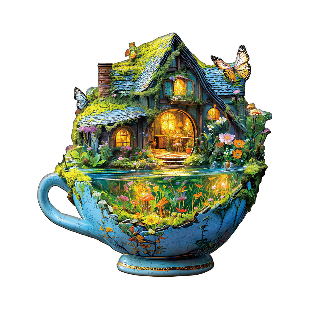 Enchanting green field mug jigsaw puzzle with a whimsical cottage and vibrant garden scene.