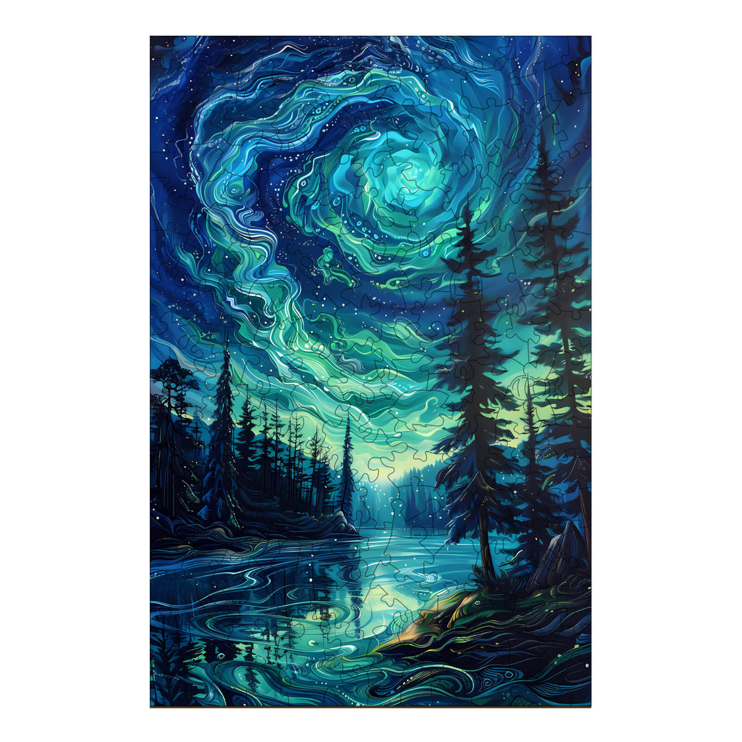 Night Aurora-2 Wooden Jigsaw Puzzle featuring a vibrant, swirling night sky above a serene lake and pine trees.
