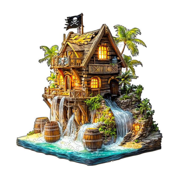 Colorful wooden pirate cabin jigsaw puzzle featuring waterfalls and palm trees, perfect for puzzle enthusiasts.