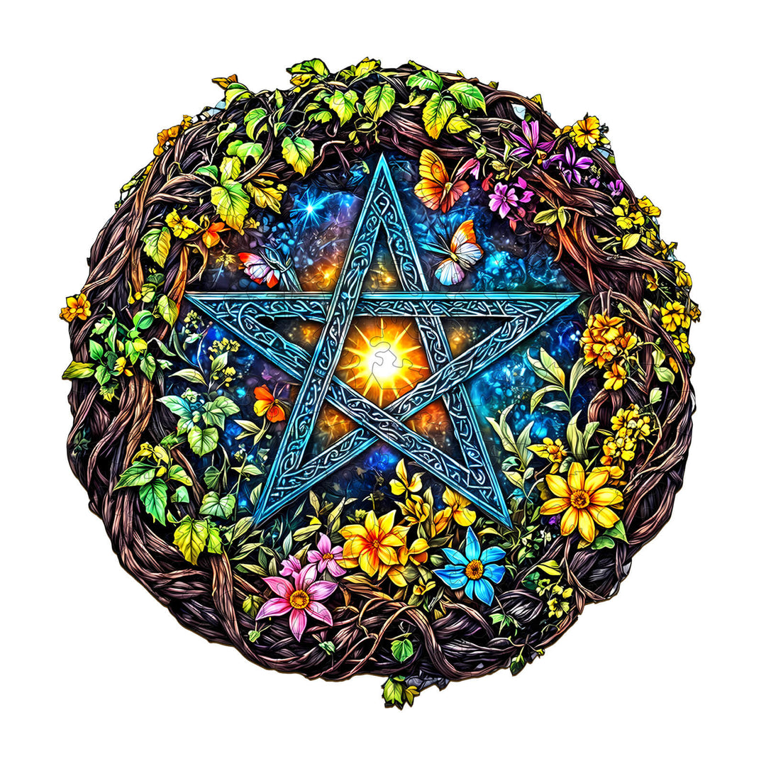 Colorful pentagram surrounded by flowers and foliage, symbolizing nature and magic in a beautifully detailed design.