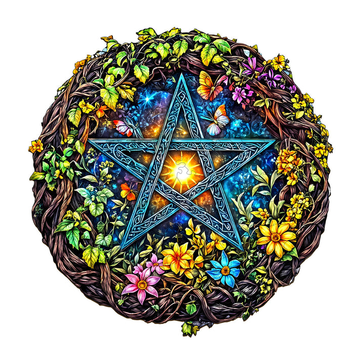 Colorful pentagram surrounded by flowers and foliage, symbolizing nature and magic in a beautifully detailed design.