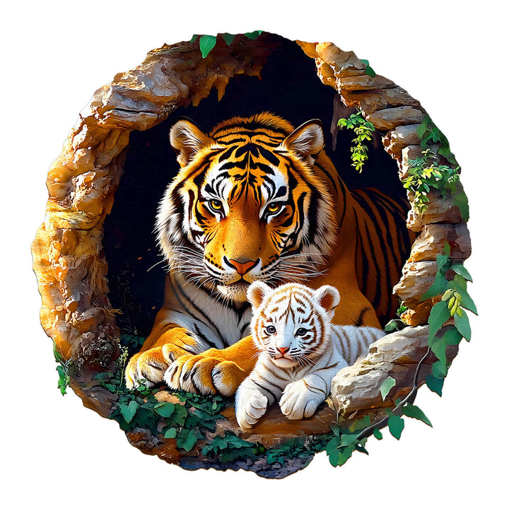 3D Tiger Family-1 wooden jigsaw puzzle showcasing a tiger and her cub in a natural setting.