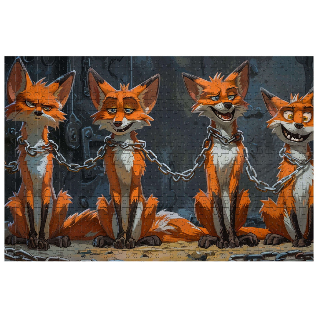 Four animated foxes in chains, showcasing a whimsical puzzle scene of foxes in captivity.