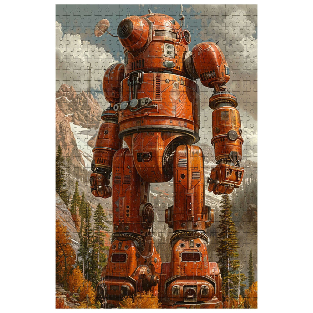 Electronic Bear 500/1000 Piece Puzzle featuring a retro robot in a scenic landscape for mind games and focus.
