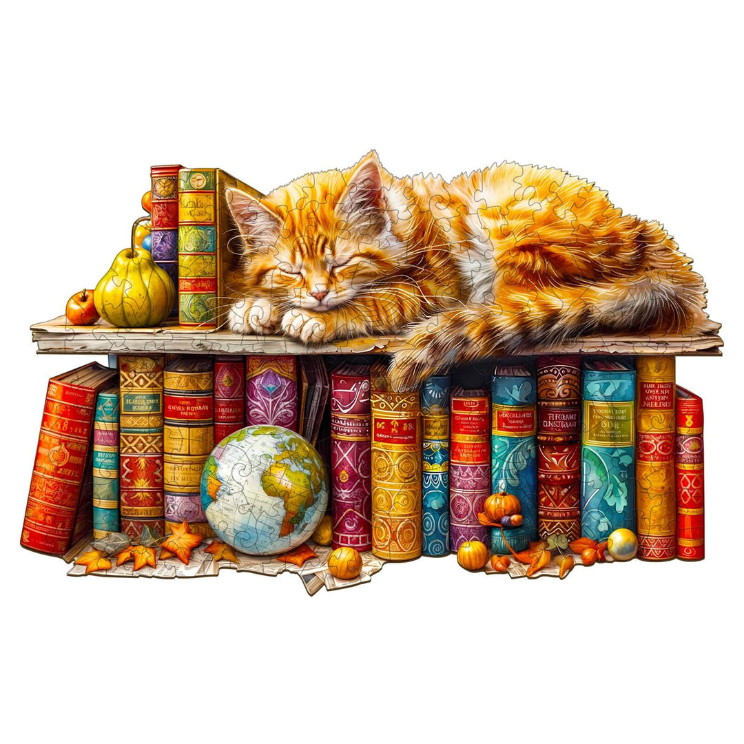 Dreamy tabby cat sleeping on a colorful bookshelf with puzzle pieces, books, and a globe, promoting focus and smart play.