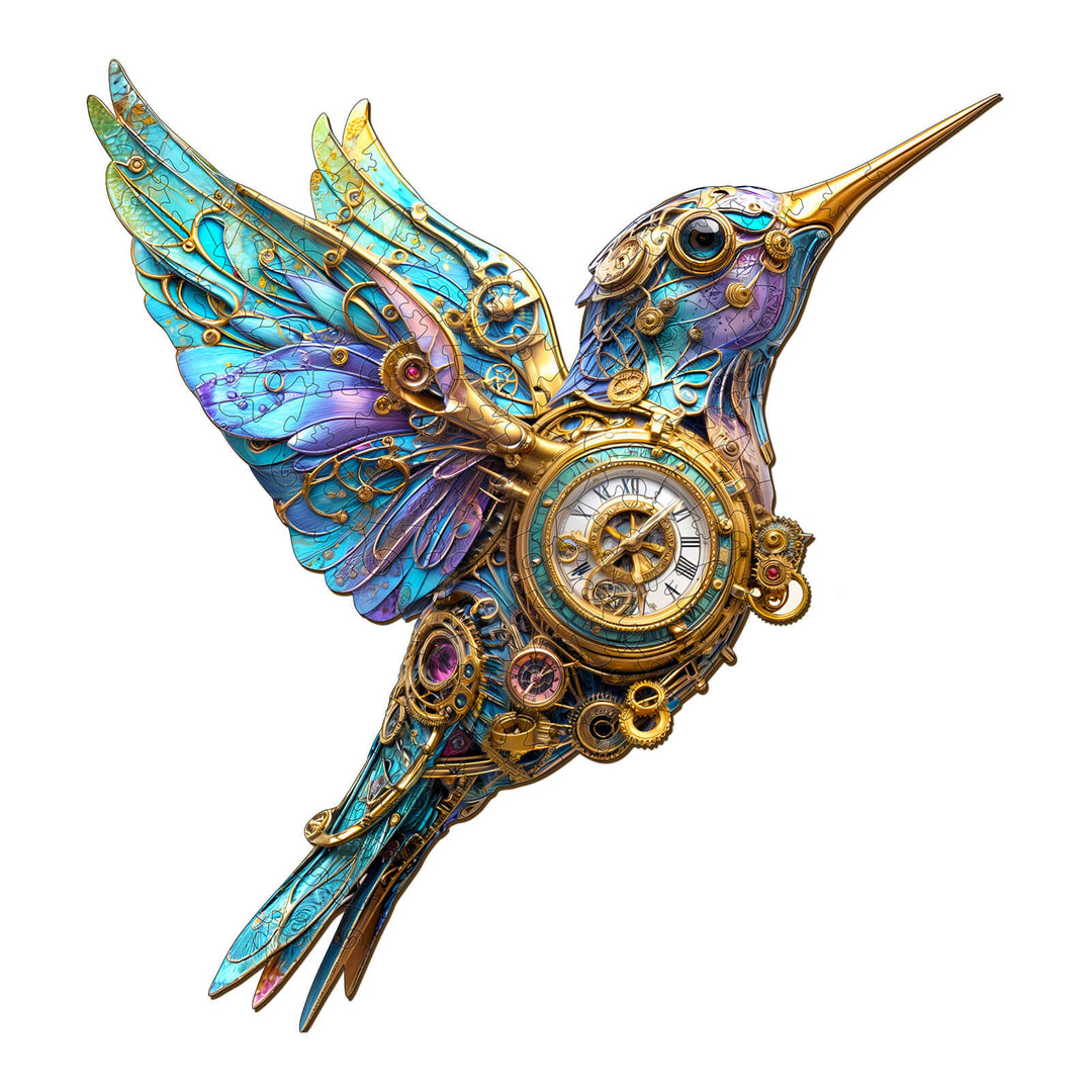 3D Mechanical Hummingbird wooden jigsaw puzzle, showcasing intricate design and vibrant colors for puzzle enthusiasts.