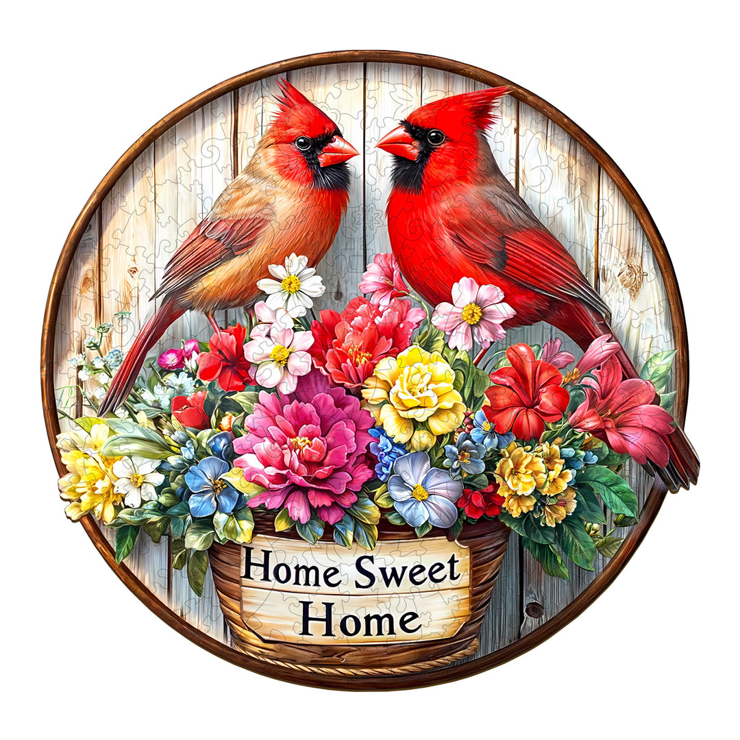 Wooden jigsaw puzzle featuring vibrant cardinals and colorful flowers with 'Home Sweet Home' inscription.